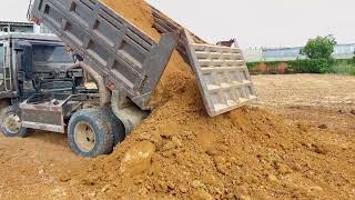 Extraordinary Landfill​​​ Task!​ Using  Bulldozer Pushing Stone Soil into Canal  &amp; Dump Truck