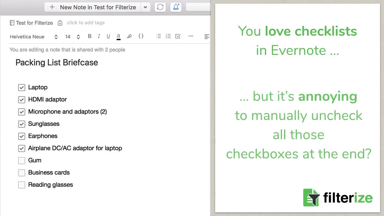 Automatically reset checklists in Evernote with Filterize
