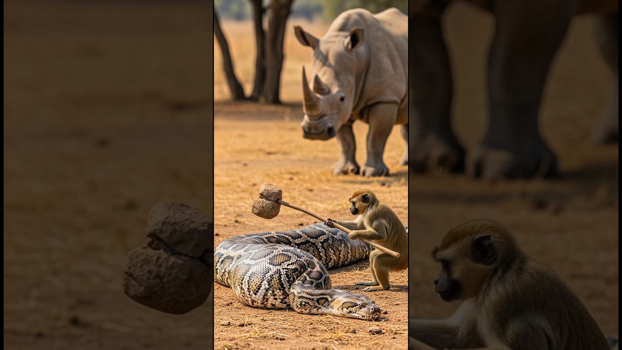 Hero Monkey Rescues Baby Rhino from Giant Python! 🐵🤝🦏 