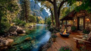 Riverside Cabin Porch 🌸 Flowing River &amp; Gentle Birdsong | Springtime Relaxation