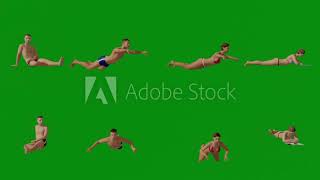 3D Couple Of Men And Women In Different Swimsuits On Green Screen And Swimming Relaxing On The