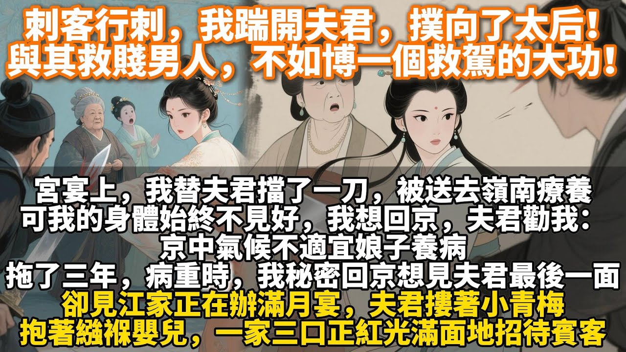 完結重生復仇爽文：刺客行刺，我踹開夫君，撲向了太后！與其救賤男人，不如博一個救駕的大功！宮宴上，我替夫君擋了一刀，被送去嶺南療養。可我的身體始終不見好，我想回京，夫君勸我：京中氣候不適宜娘子養病。