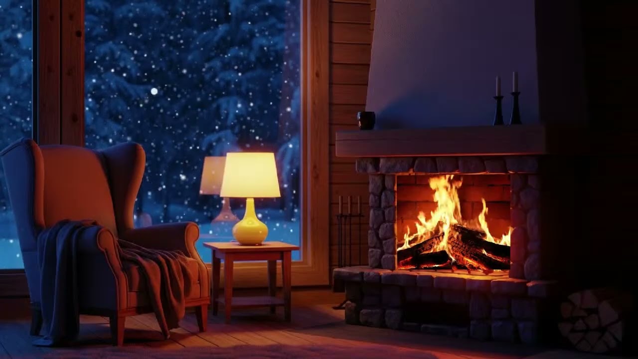 Warm Fireplace & Soft Piano: Relaxing Holiday Ambience with Snowfall