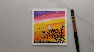🌇So Satisfying! Mini Gradient Sky Painting With Silhouettes | Capture Sunset + Moon in One Frame screenshot 3