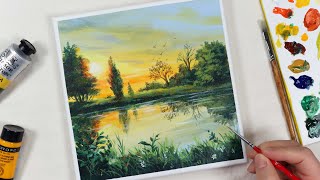 Peaceful sunset lake scenery / Acrylic painting for beginners / PaintingTutorial