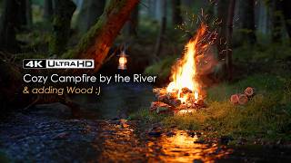 4K 📺 Cozy Campfire by the River 🔥 Natural Sounds, Sleep & Relaxation