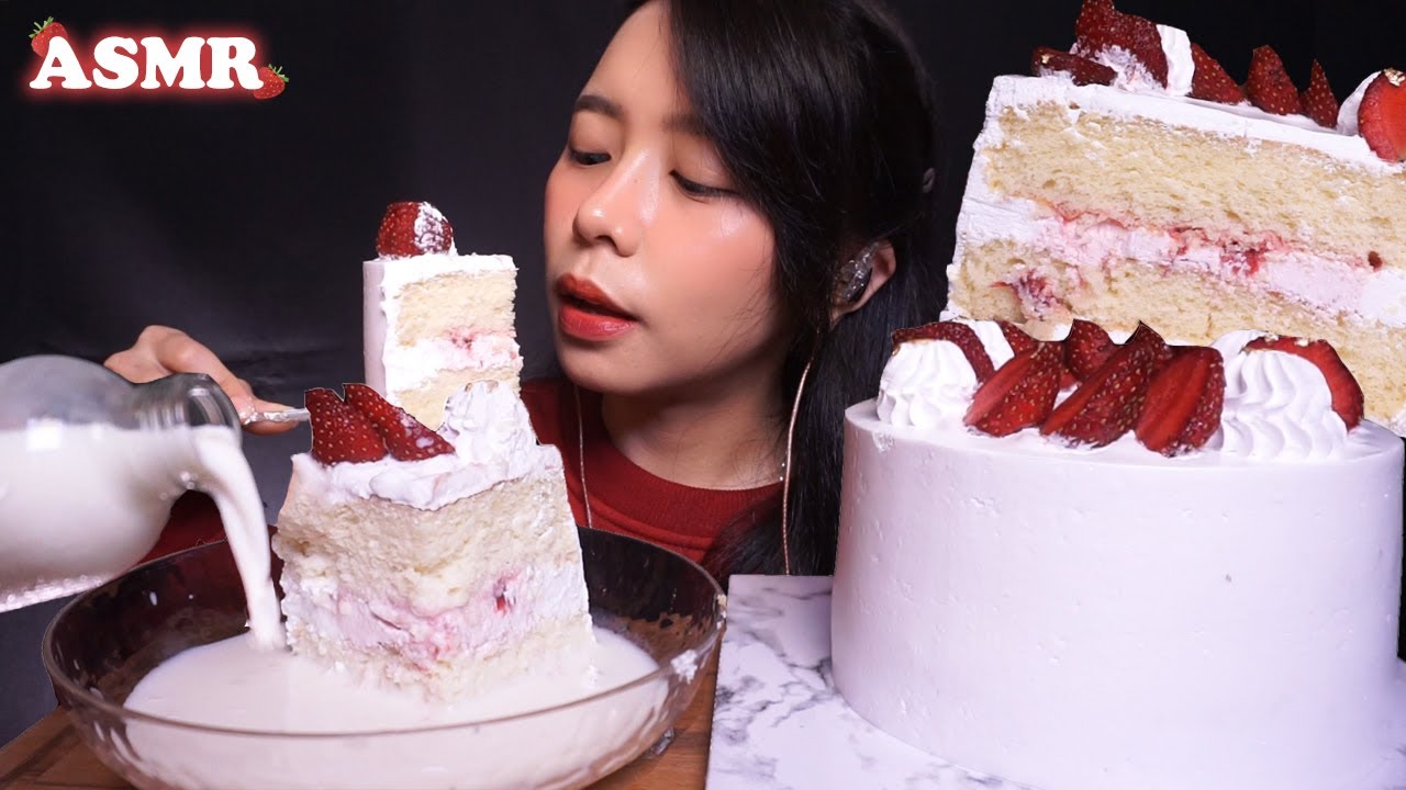 ASMR Strawberry Shortcake (Fresh Cream CAKE w/ MILK) 🍰🥛 | Eating Sounds