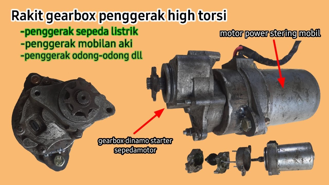 rakit motor gearbox untuk penggerak mobilan aki dan sepeda listrik