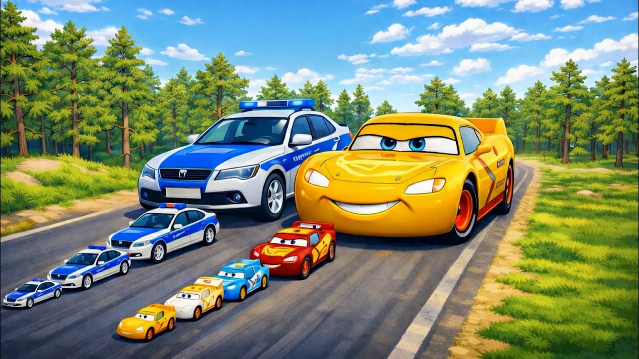 Big & Small McQueen & Police Car vs Zombie Bus, Giant Lava Pit & Big Hammer Downhill Race.