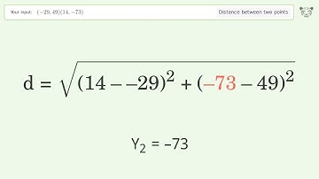 Find the distance between two points p1 (-29,49) and p2 (14,-73): Step-by-Step Video Solution