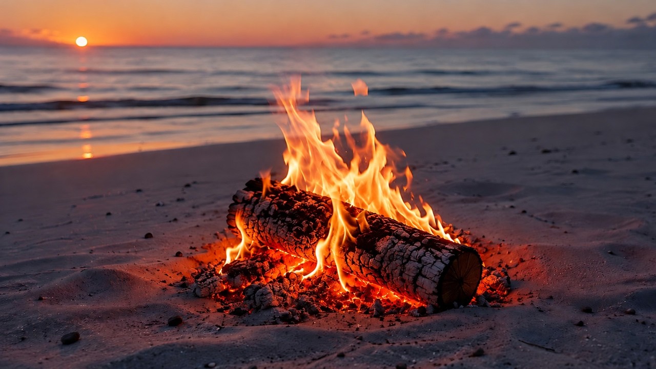 WATCH THIS LOG BURN • Sunset Ocean Waves & Cozy Campfire Sounds | 4K ASMR