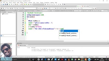 a programm to calculate the area of circle c++ code block.mp4