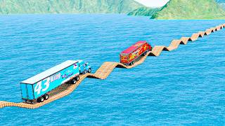 Mack Truck vs King Dinoco Truck vs Impossible Deep Log Wave Bridge Vs Deep Water - BeamNG.Drive
