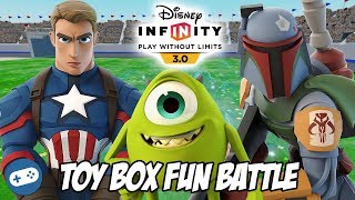 Disney Infinity 3.0 Mike Captain America and Boba Fett Toy Box Fun Battle with Owen vs Liam in our new Toy Box build. We have a 