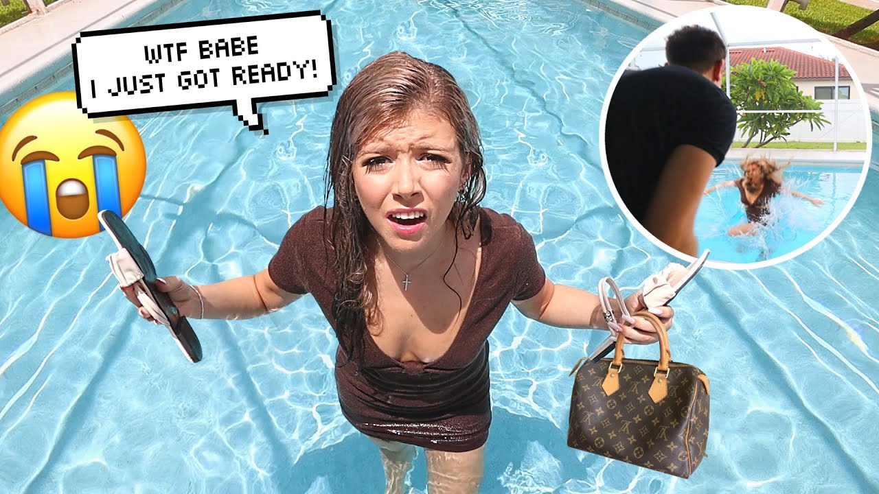 MAKING MY GIRLFIREND GET FULLY DRESSED THEN THROWING HER IN THE POOL!!