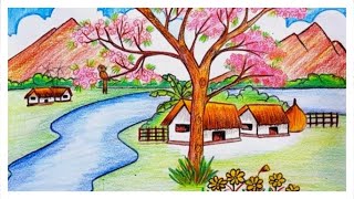 How to draw mountain landscape village scenery step by step drawing/ Spring Season Scenery