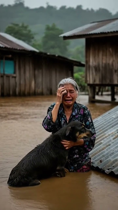 Grandma and Her Dog Stranded on a Rooftop in Raging Flood 💔#Disaster#floodrescue#StrandedInFlood#fyp