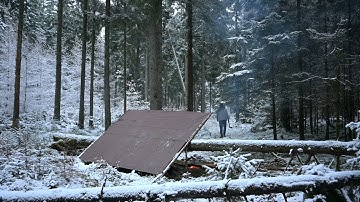 Solo bushcraft trip - snow, canvas tarp, steak, reindeer skin, spruce bed, homemade axe and knife