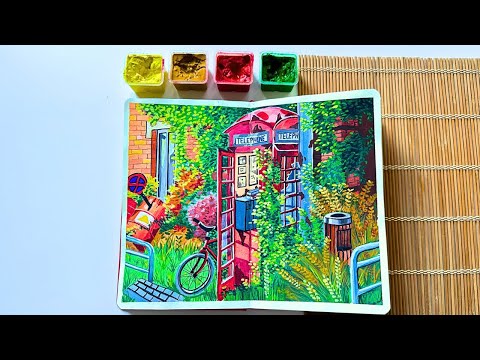 Painting a Detailed Studio Ghibli-Style Red Phone Booth with Gouache. Paint with me...