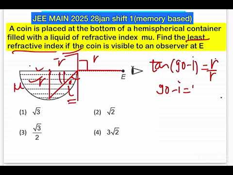 JEE MAIN 2025(28jan shift1) A hemispherical vessel is completely filled with a liquid of refractive 14 JEE MAIN 2025(28jan shift1) A hemispherical vessel is completely filled with a liquid of refractive