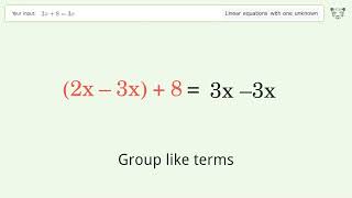 Linear equation with one unknown: Solve 2x+8=3x step-by-step solution