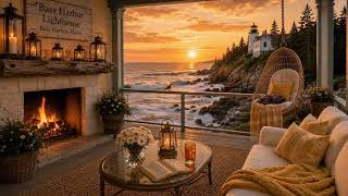 Tranquil Bass Harbor Lighthouse Porch at Sunset | Cozy Fireplace, Ocean Waves & Soft Rock Ambience