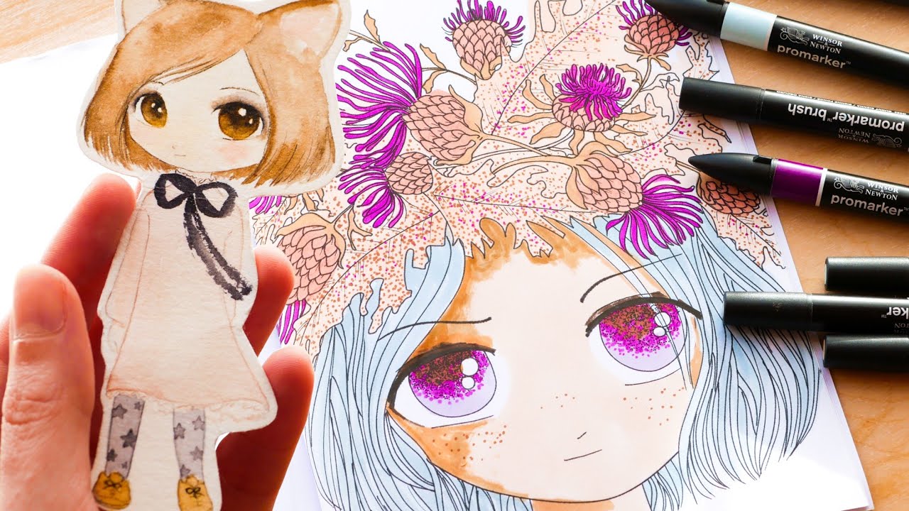 Coloring my Flower Girls coloring book with alcohol markers