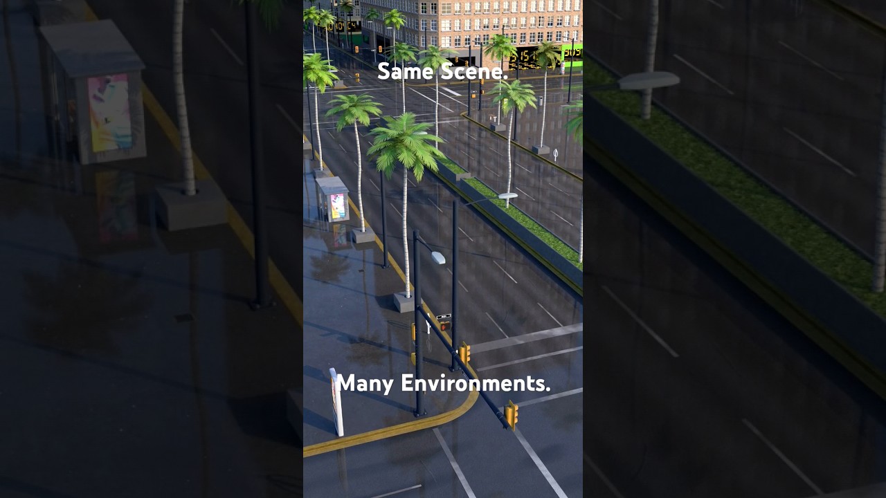 Many different environments, in large Blender city model. 