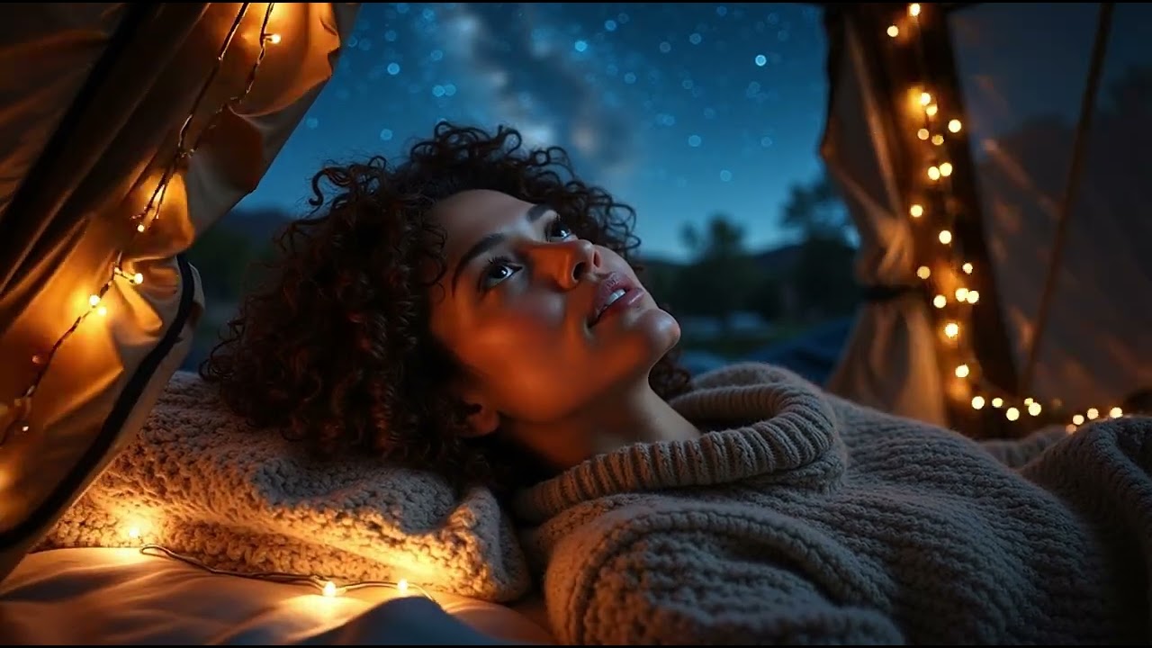 Woman Stargazing in Cozy Tent with Fairy Lights