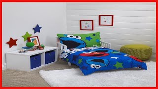 Sesame Street Awesome Buds Elmo/Cookie Monster 4 Piece Toddler Bed Set, Blue/Red/Green