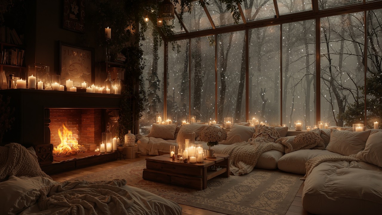 Snowy Forest Cozy Cabin Ambience ❄️ Gentle Piano, Crackling Fireplace & Snowfall for Relaxation