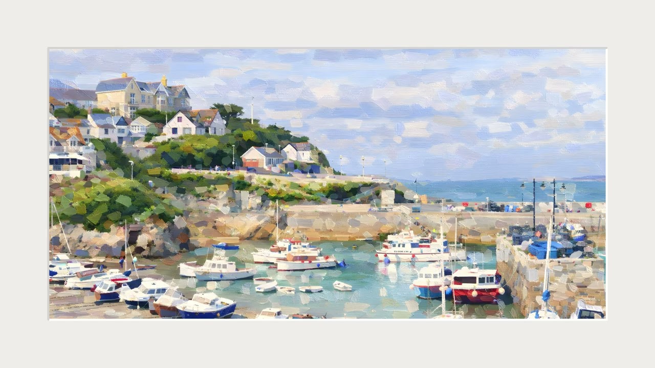 Coastal Harbour in Oil (White frame) | Premium 4K Art TV Display (2 Hours)