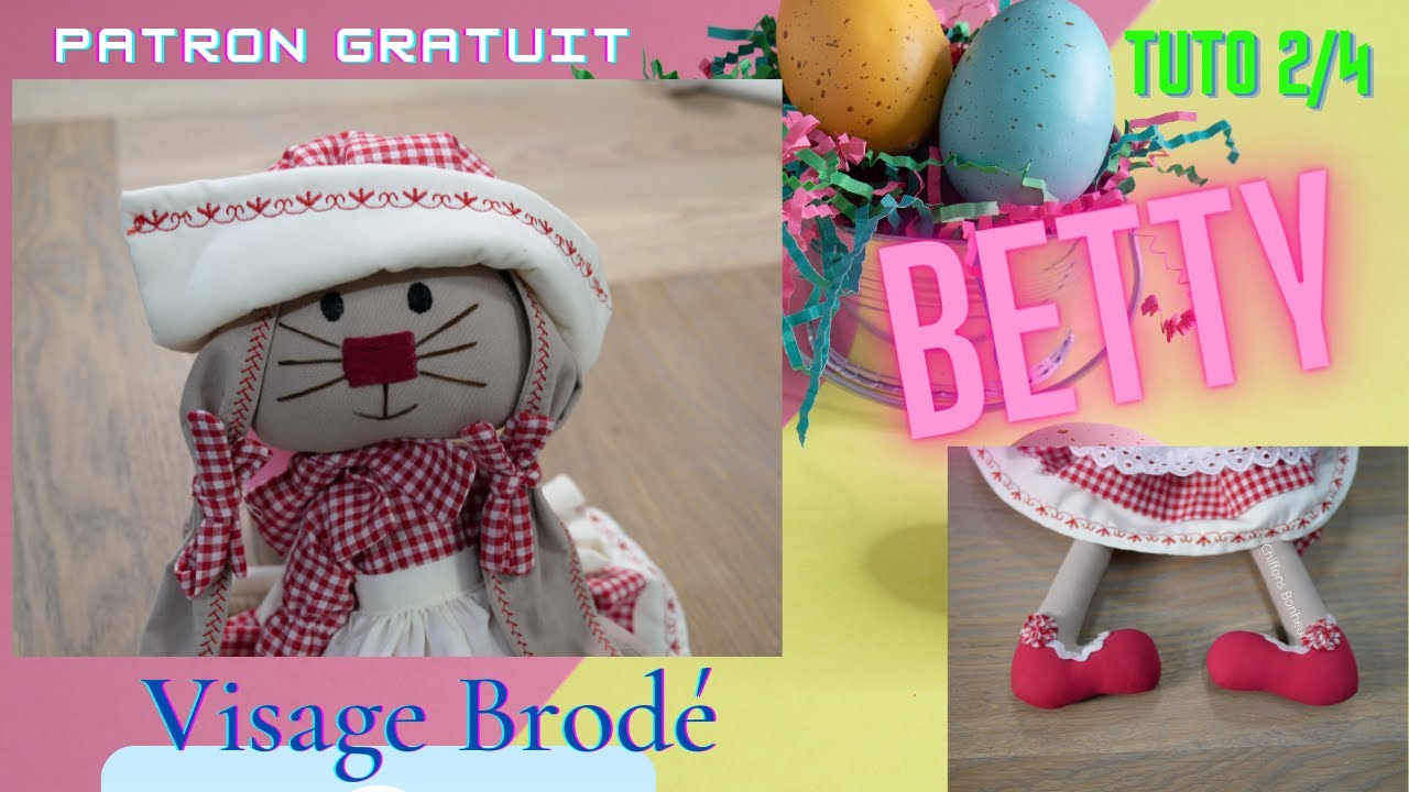 couture d'une Lapine Betty de Pâques, coelha em tecido, easter rag doll bunny, broderie visage