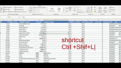 Excel Shortcut to add Column filter. Ctrl+Shift+L