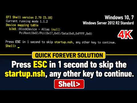 Press esc in 1 second to skip the startup.nsh any other key to continue/efi shell version 2.70 solut