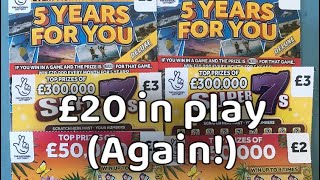 £20 of National lottery scratch cards- 5 years for you, Super 7s and Tropical lines