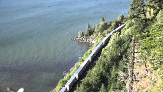 Looking down on WBD Union Pacific Stacktrain @ Ruthin Park, OR against Columbia River 6/19/15