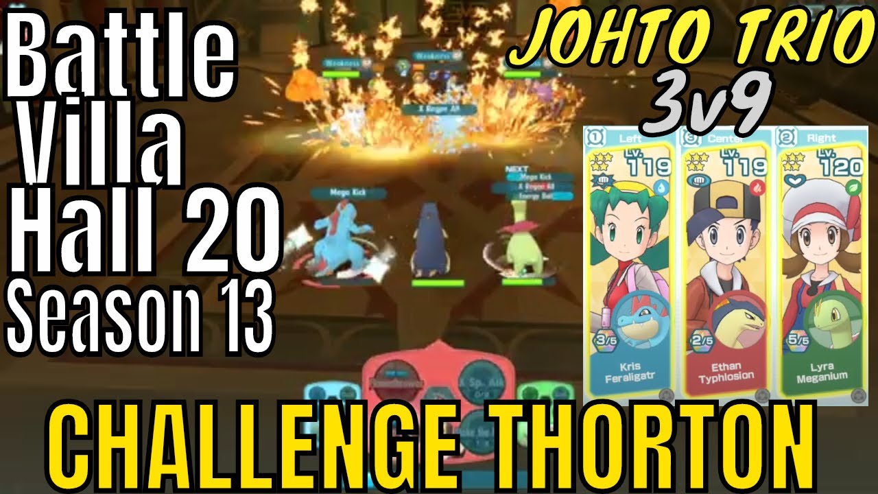 Pokemon Masters - 3v9 Kris Ethan Lyra Johto Trio Sync Grid VS Thorton Battle Villa Hall 20 Season 13