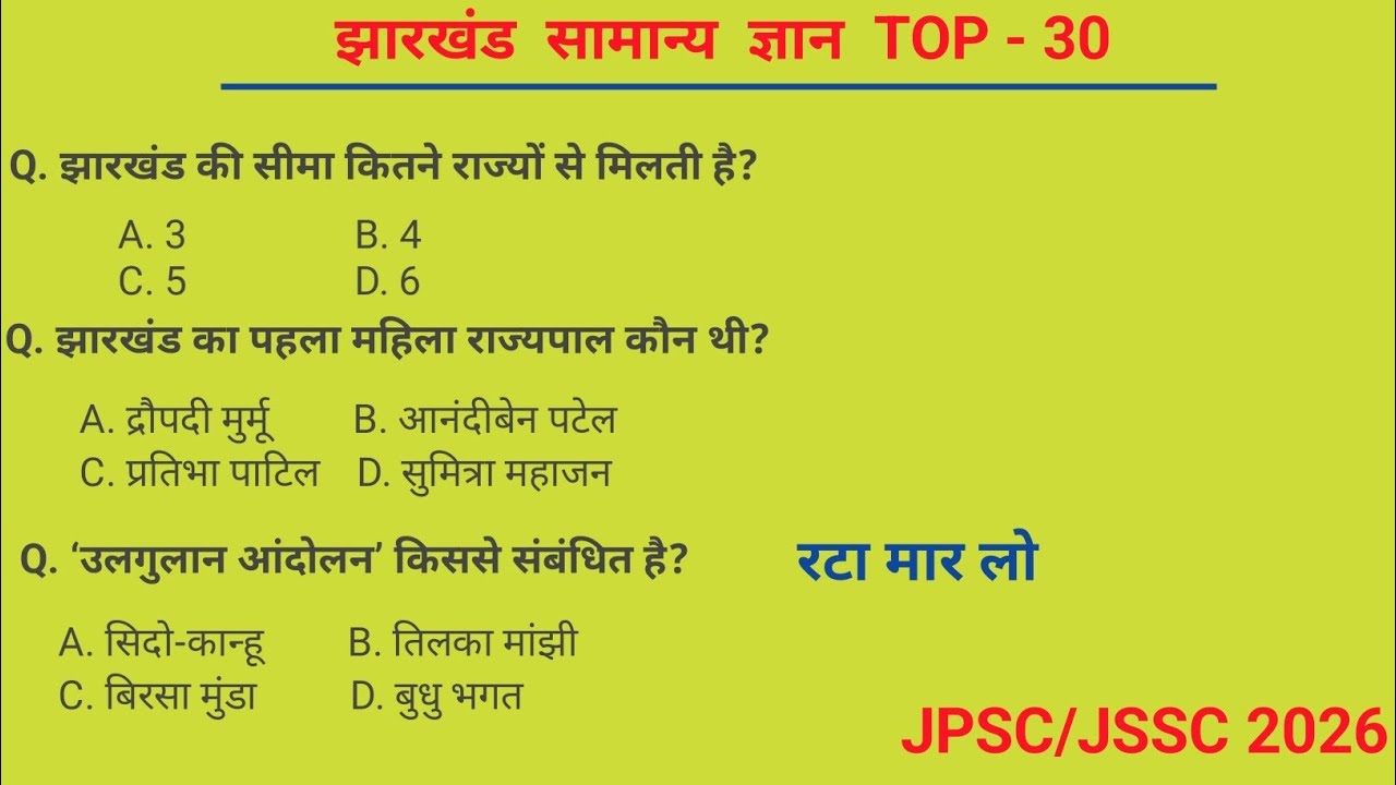 Jharkhand GK Quiz | झारखंड के 30 महत्वपूर्ण MCQ प्रश्न | JSSC JPSC Preparation | Field Worker |