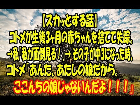 【スカッとする話】コトメが生後3ヶ月の赤ちゃんを捨てて失踪。→私『私が面倒見る！』→ その子が中3になった時、 コトメ「あんた、あたしの娘だから。ここんちの娘じゃないんだよ！！！」