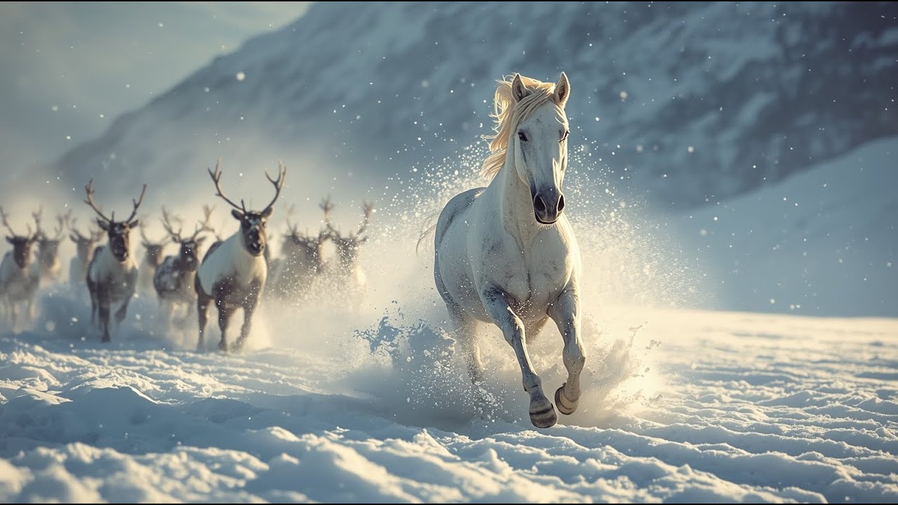 Reindeer Chase White Horse in Snowy Mountains – Wild Survival (4K)