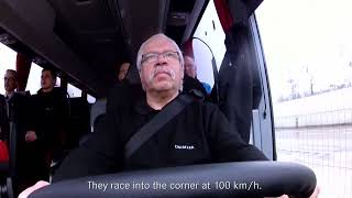 Mercedes Tourismo K Bus navigates a corner at 100 km/h