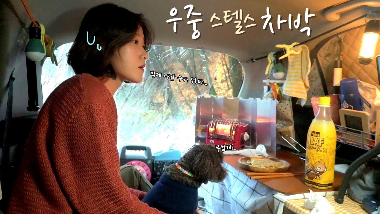 [19]경차모닝차박/우중캠하러 나왔다가 차에 갇혔어요...?☔️🌬/스텔스차박/강풍주의보/애견동반캠핑/솔캠