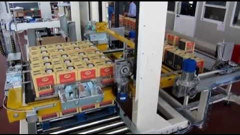 LITA Palletising Systems - Low level infeed layer type palletizer with stretchwrapper