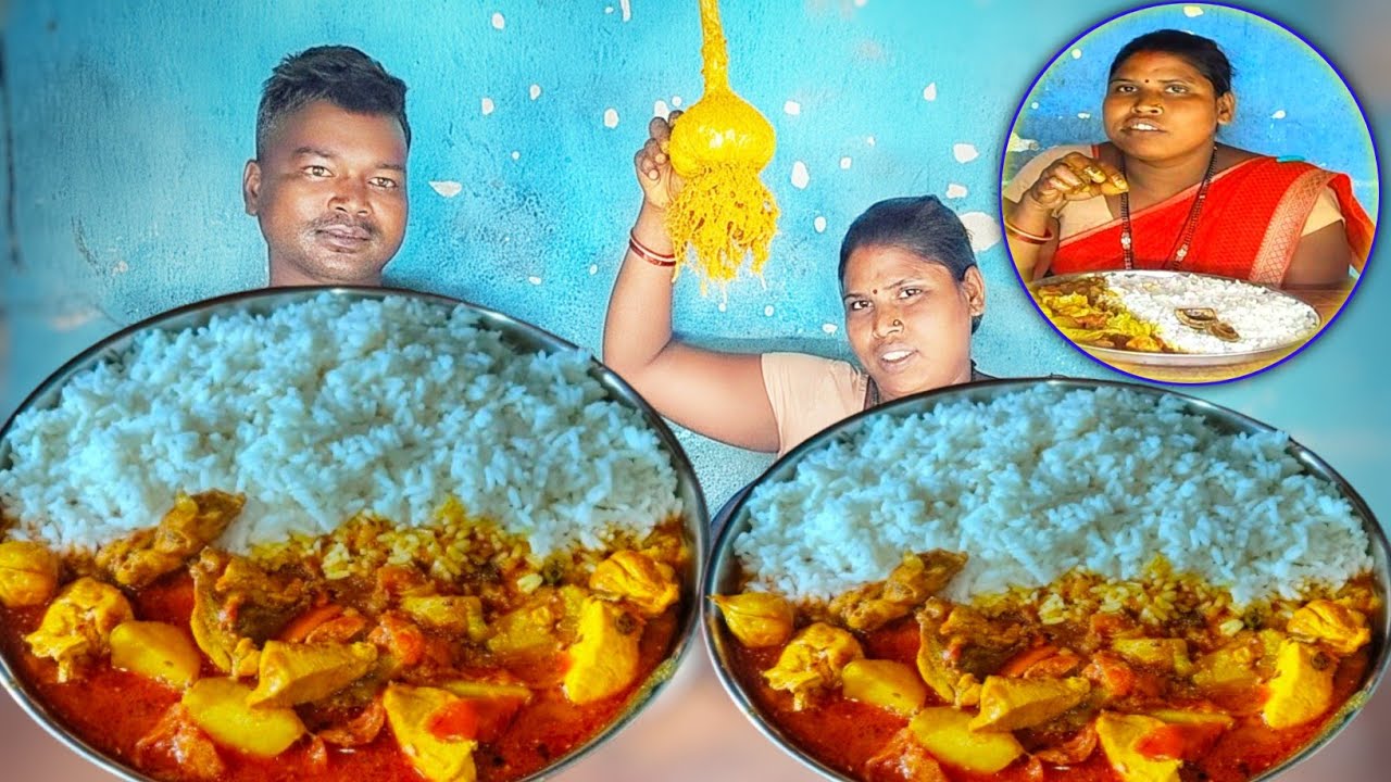 HOT & SPICY Garlic Chicken Aloo Curry Feast 🔥 | HUGE Meal Eating Show with Rice | Ramesh Village