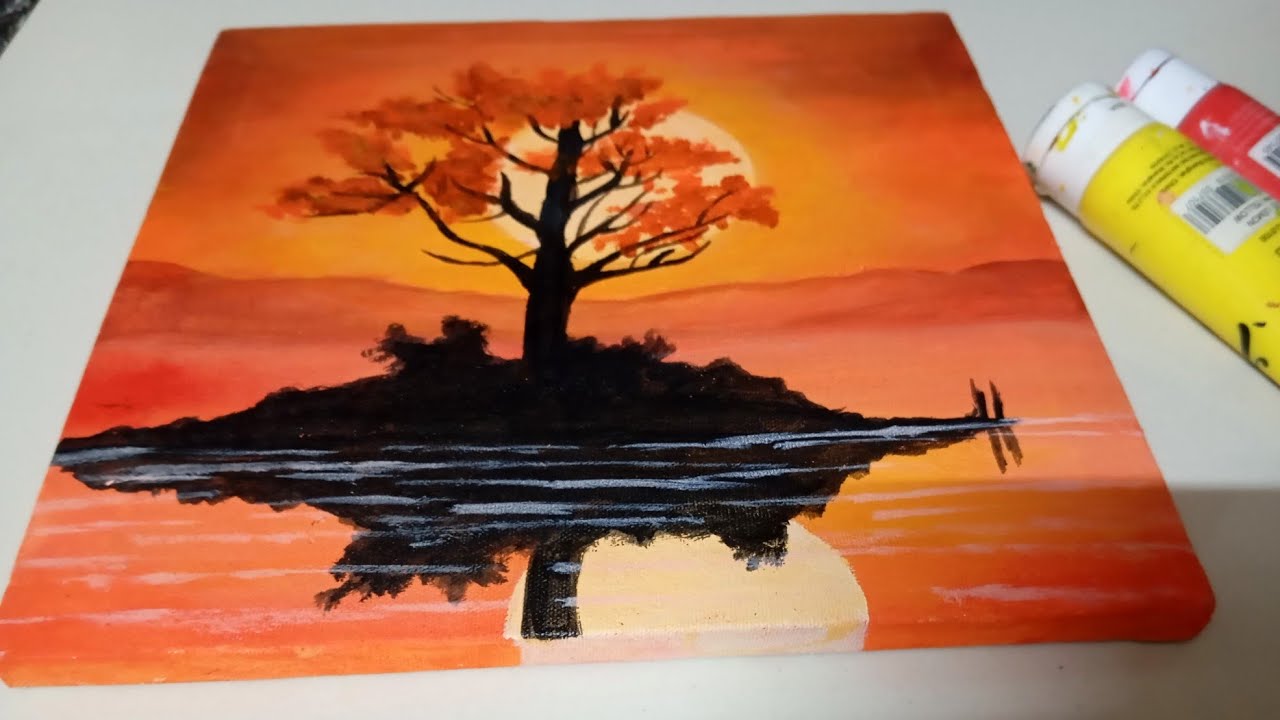 Sunset Painting On Canvas | Acrylic Painting Tutorial Step By Step For ...
