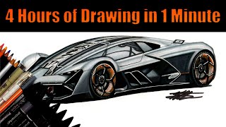 4 HOUR Car Drawing in 1 MINUTE - Lamborghini Terzo Milennio Realistic Car Drawing - Time Lapse