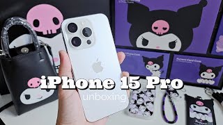 iPhone 15 Pro unboxing (white titanium) accessories & setup 💜 Kuromi edition