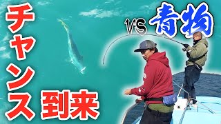 鯨を釣り上げた The long-awaited blue fish was caught in the rough sea