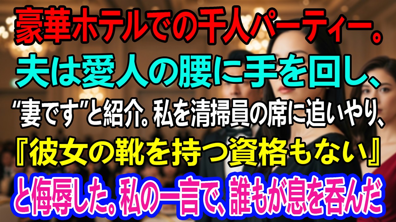 豪華ホテルでの千人パーティー。夫は愛人の腰に手を回し、“妻です”と紹介。私を清掃員の席に追いやり、『彼女の靴を持つ資格もない』と侮辱した。私の一言で、誰もが息を呑んだ―― ... 。